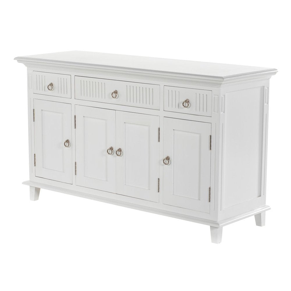 59" White Solid Wood Paneled Three Drawer Buffet Table with Four Doors HomeRoots