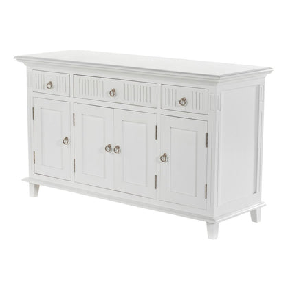 59" White Solid Wood Paneled Three Drawer Buffet Table with Four Doors HomeRoots