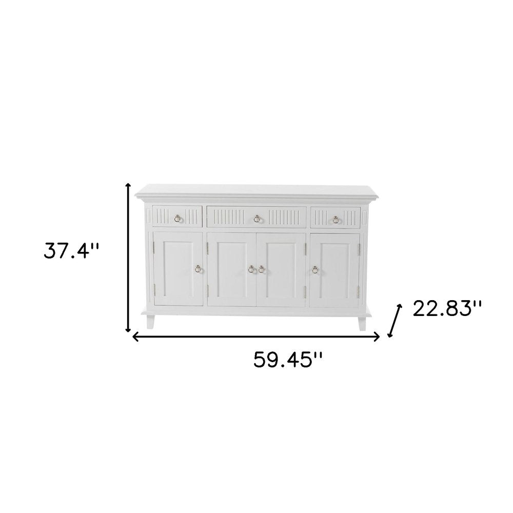 59" White Solid Wood Paneled Three Drawer Buffet Table with Four Doors HomeRoots