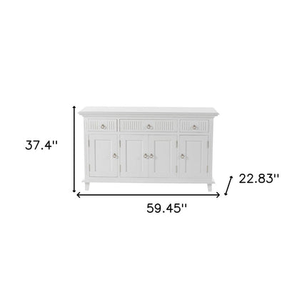 59" White Solid Wood Paneled Three Drawer Buffet Table with Four Doors HomeRoots