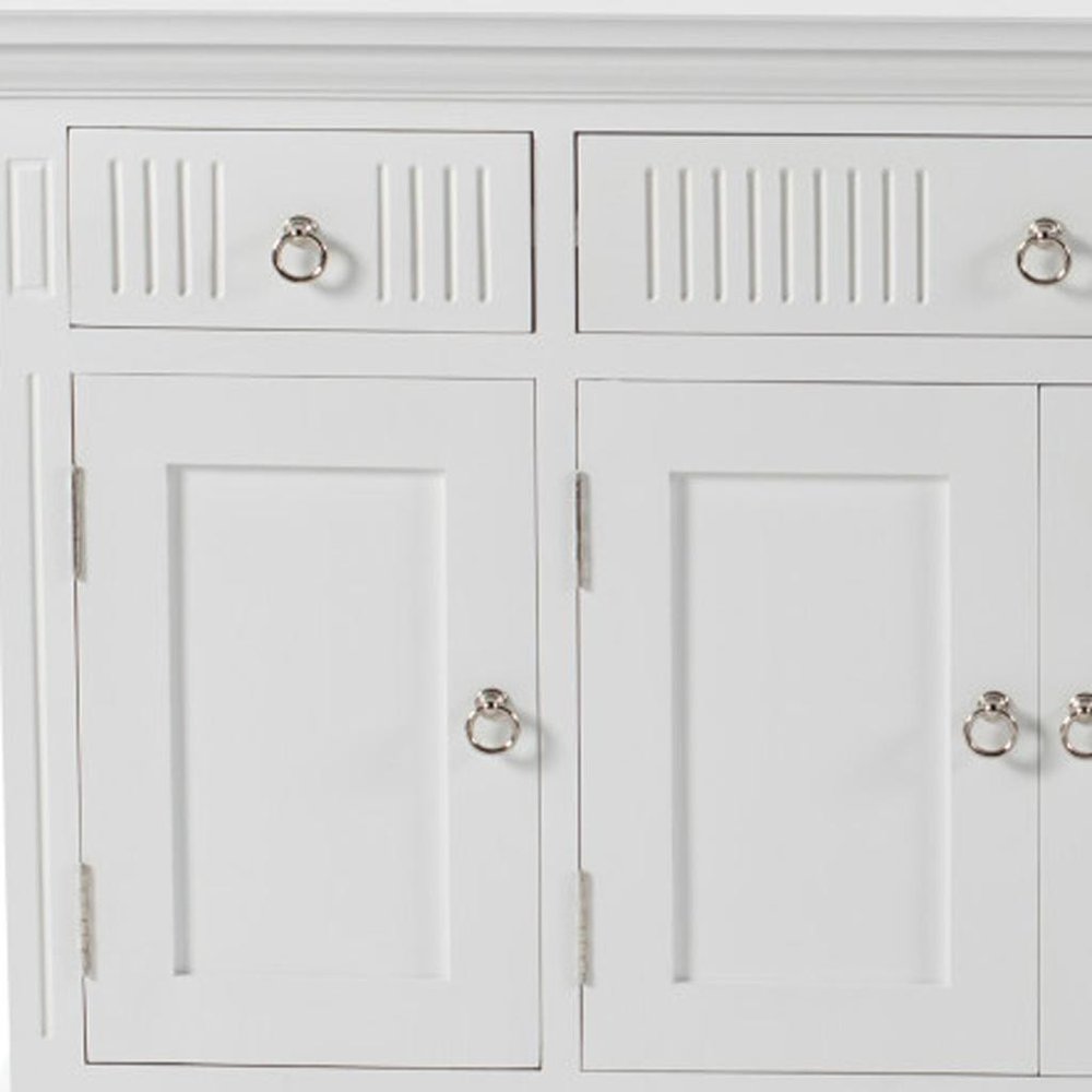 59" White Solid Wood Paneled Three Drawer Buffet Table with Four Doors HomeRoots