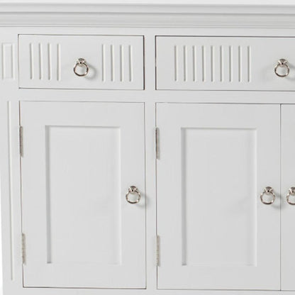59" White Solid Wood Paneled Three Drawer Buffet Table with Four Doors HomeRoots