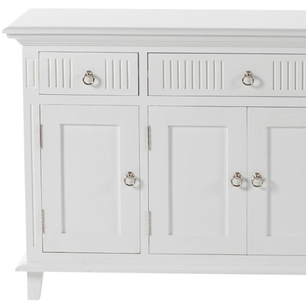 59" White Solid Wood Paneled Three Drawer Buffet Table with Four Doors HomeRoots