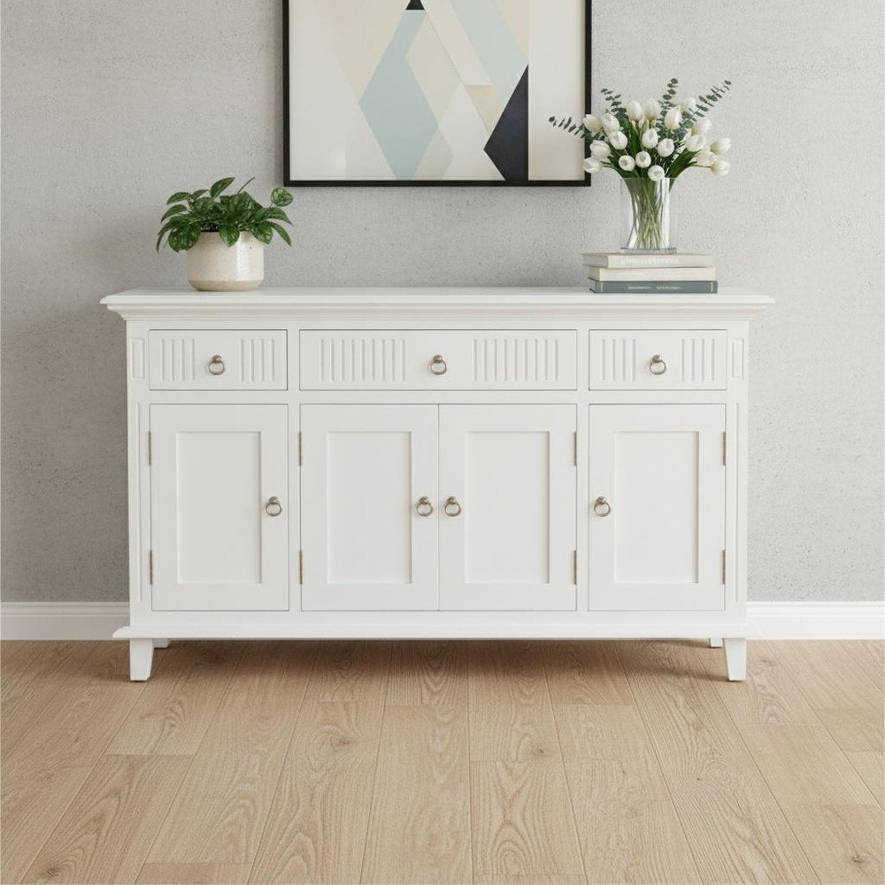 59" White Solid Wood Paneled Three Drawer Buffet Table with Four Doors HomeRoots