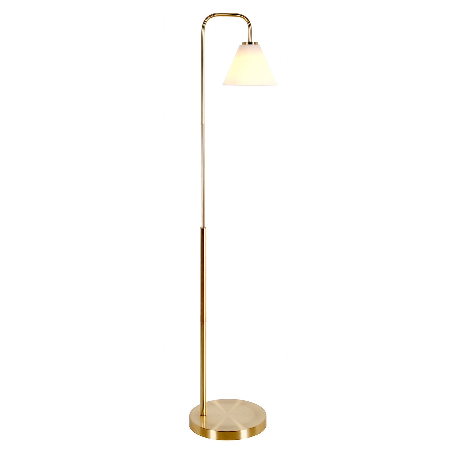 62" Brass Arched Floor Lamp With White Frosted Glass Cone Shade