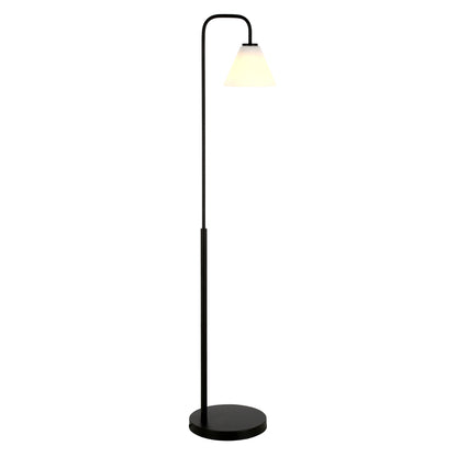 62" Black Arched Floor Lamp With White Frosted Glass Cone Shade