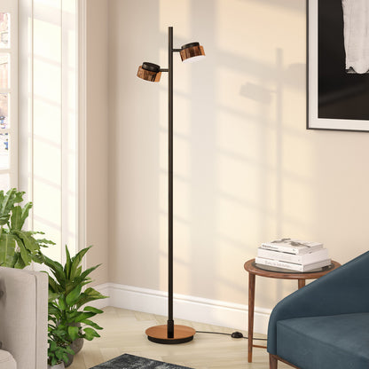 68" Black Two Light Tree Floor Lamp With Copper Bell Shade