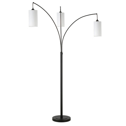 83" Black Three Light Torchiere Floor Lamp With White Frosted Glass Drum Shade