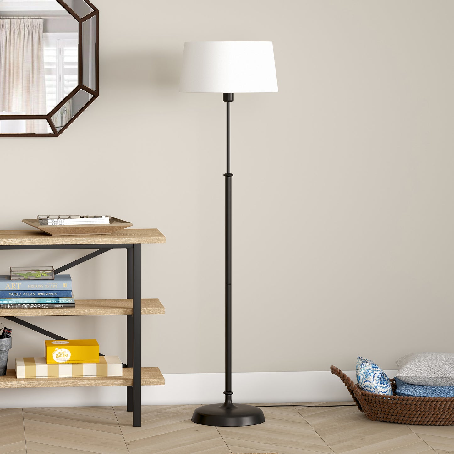 60" Black Traditional Shaped Floor Lamp With White Frosted Glass Drum Shade