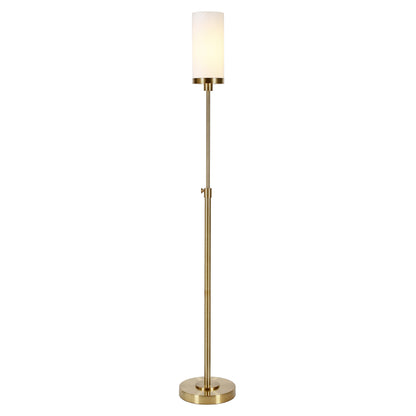 66" Brass Torchiere Floor Lamp With White Frosted Glass Drum Shade