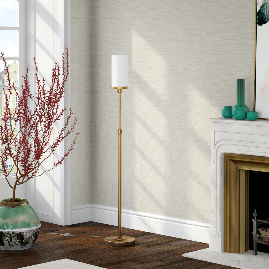 66" Brass Torchiere Floor Lamp With White Frosted Glass Drum Shade