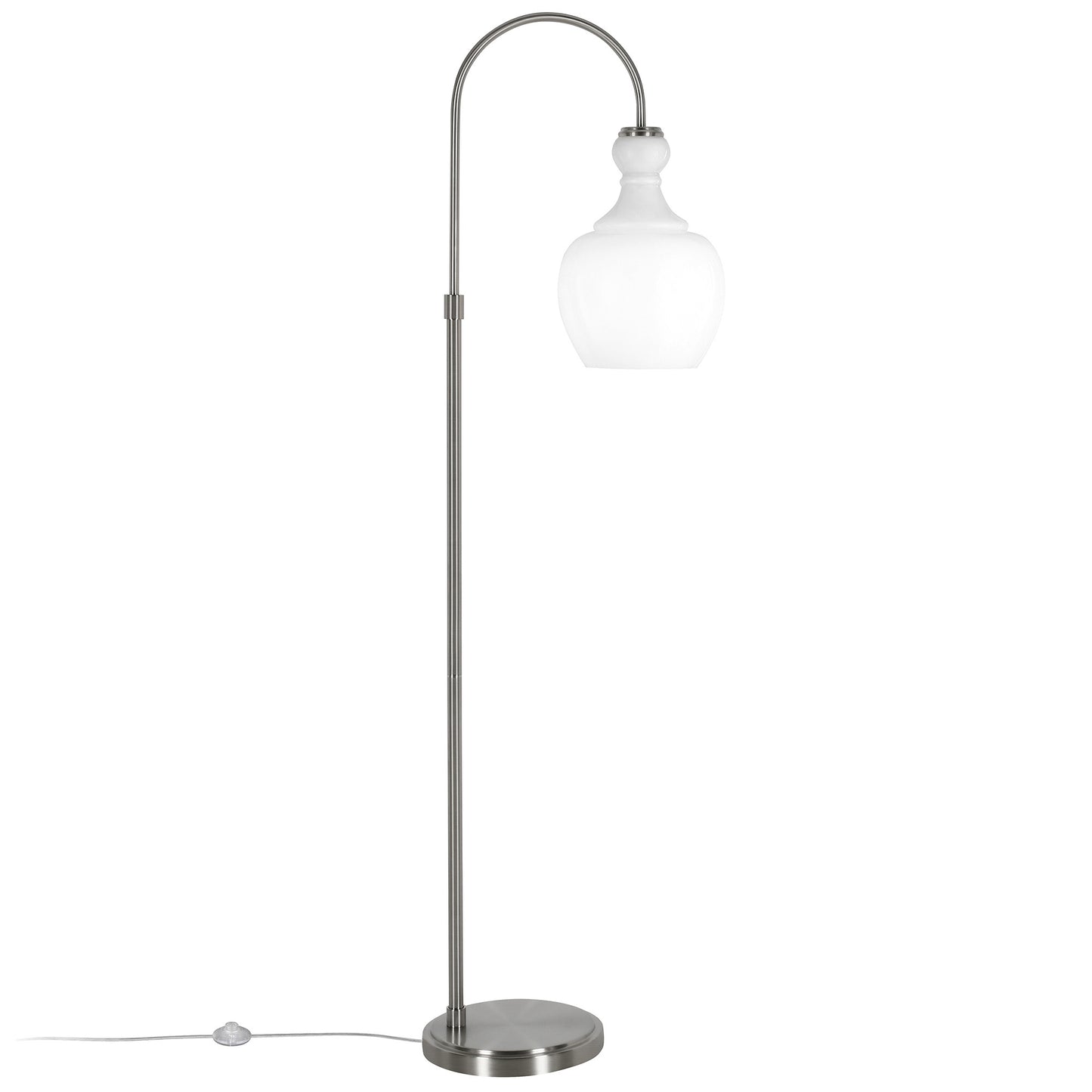 70" Nickel Arched Floor Lamp With White Frosted Glass Dome Shade