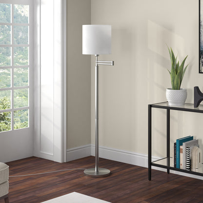 62" Nickel Swing Arm Floor Lamp With White Frosted Glass Drum Shade