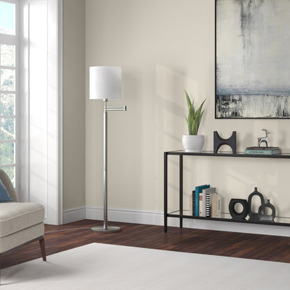 62" Nickel Swing Arm Floor Lamp With White Frosted Glass Drum Shade