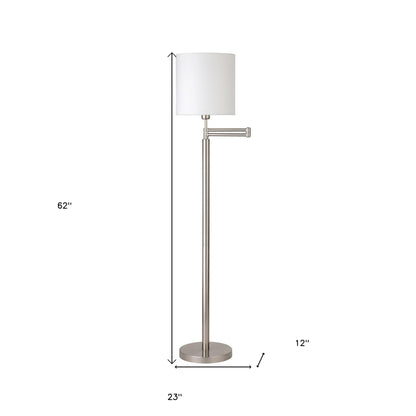 62" Nickel Swing Arm Floor Lamp With White Frosted Glass Drum Shade