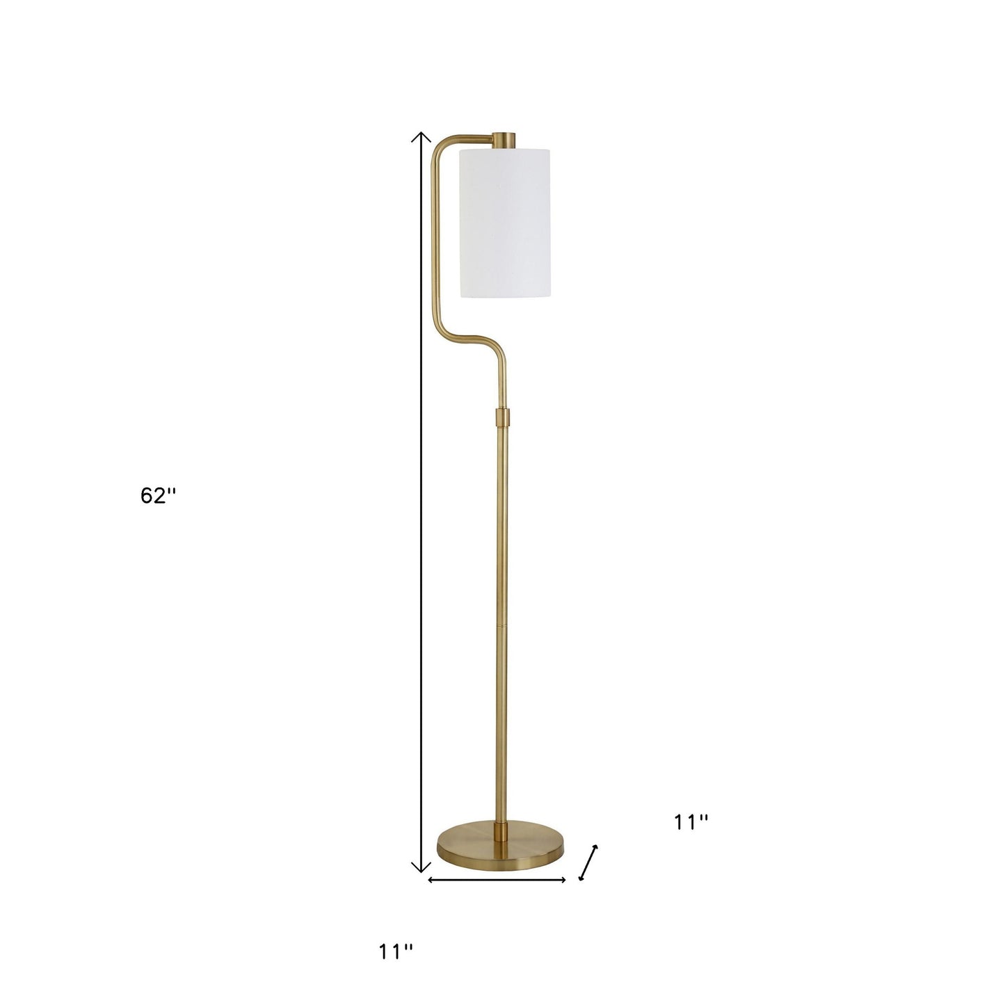 62" Brass Reading Floor Lamp With White Frosted Glass Drum Shade