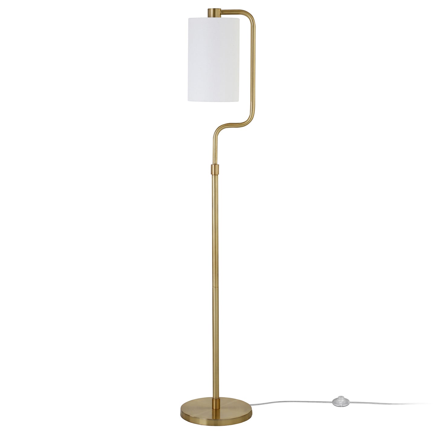 62" Brass Reading Floor Lamp With White Frosted Glass Drum Shade