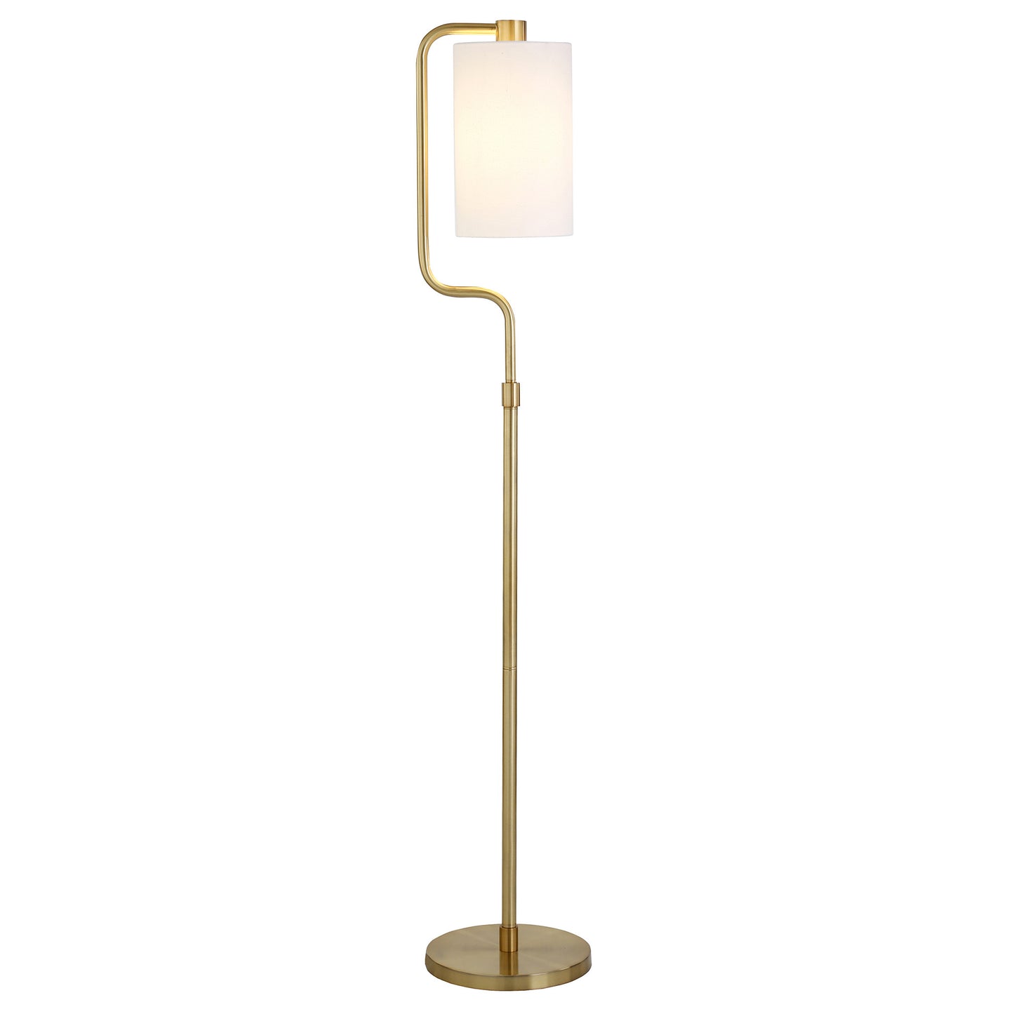 62" Brass Reading Floor Lamp With White Frosted Glass Drum Shade