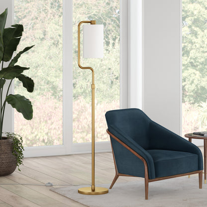 62" Brass Reading Floor Lamp With White Frosted Glass Drum Shade