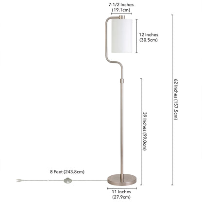 62" Nickel Reading Floor Lamp With White Frosted Glass Drum Shade