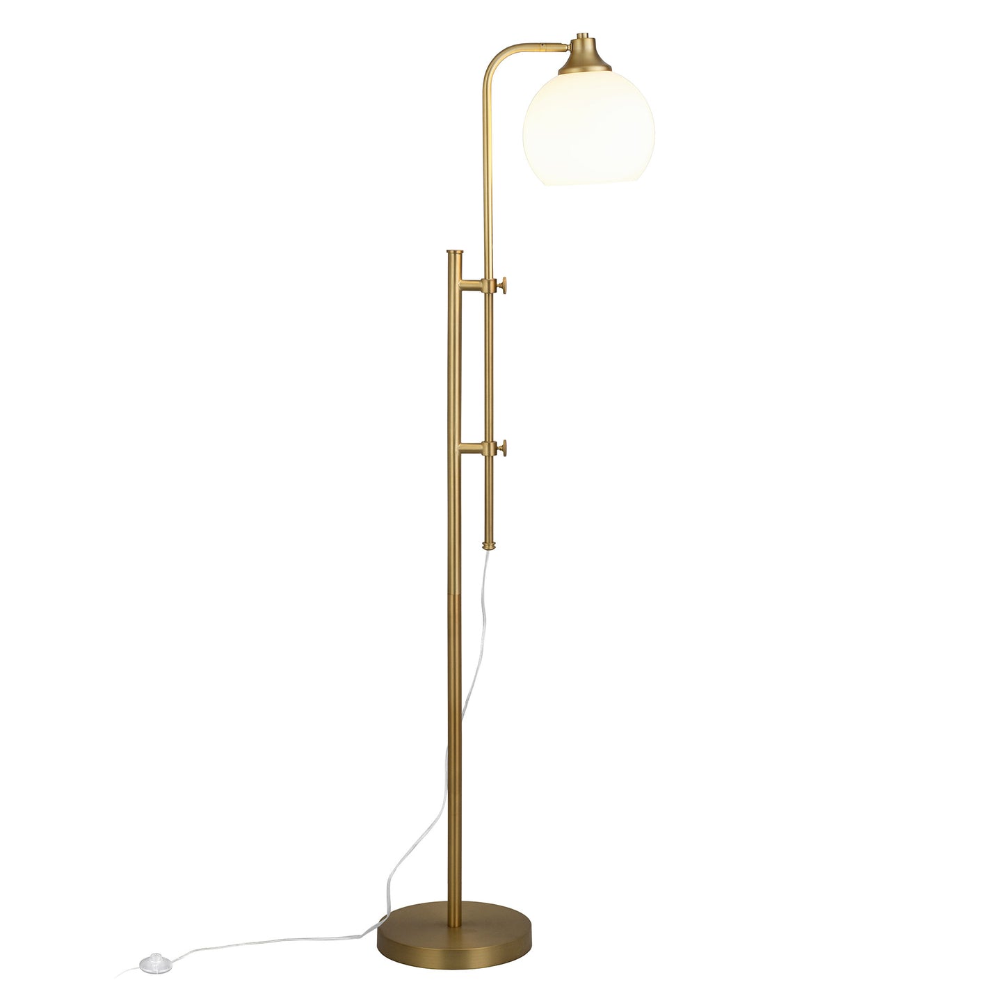 68" Brass Adjustable Reading Floor Lamp With White Frosted Glass Globe Shade