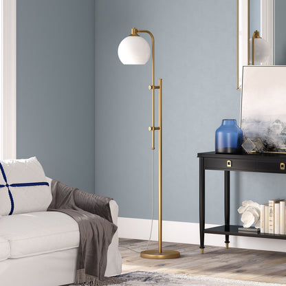 68" Brass Adjustable Reading Floor Lamp With White Frosted Glass Globe Shade