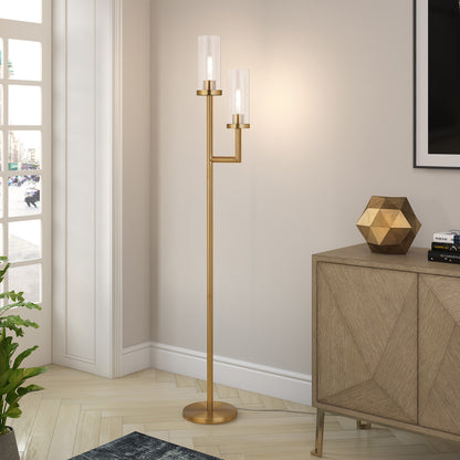 69" Brass Two Light Torchiere Floor Lamp With Clear Transparent Glass Drum Shade