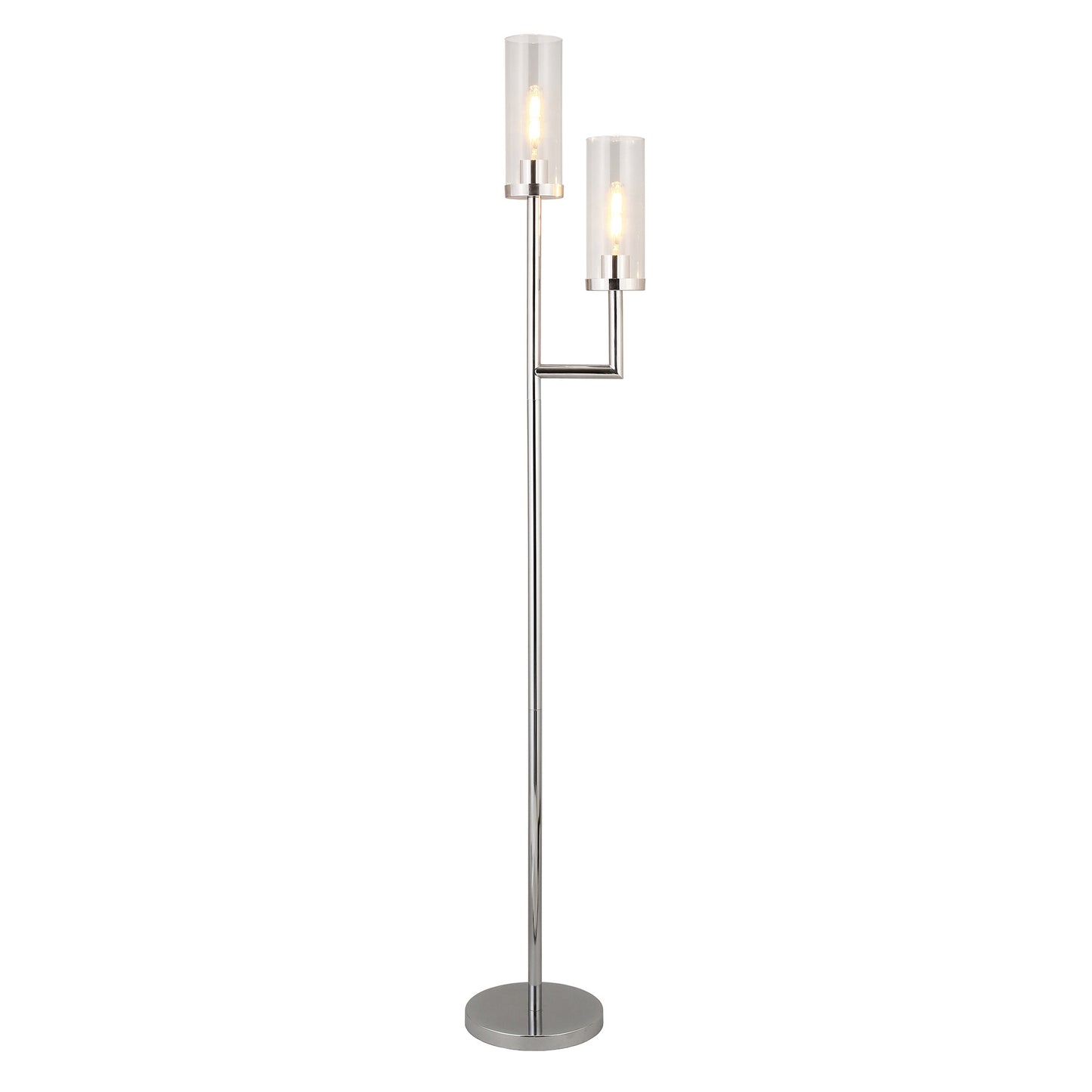 69" Nickel Two Light Torchiere Floor Lamp With Clear Transparent Glass Drum Shade