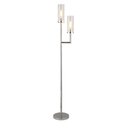 69" Nickel Two Light Torchiere Floor Lamp With Clear Transparent Glass Drum Shade