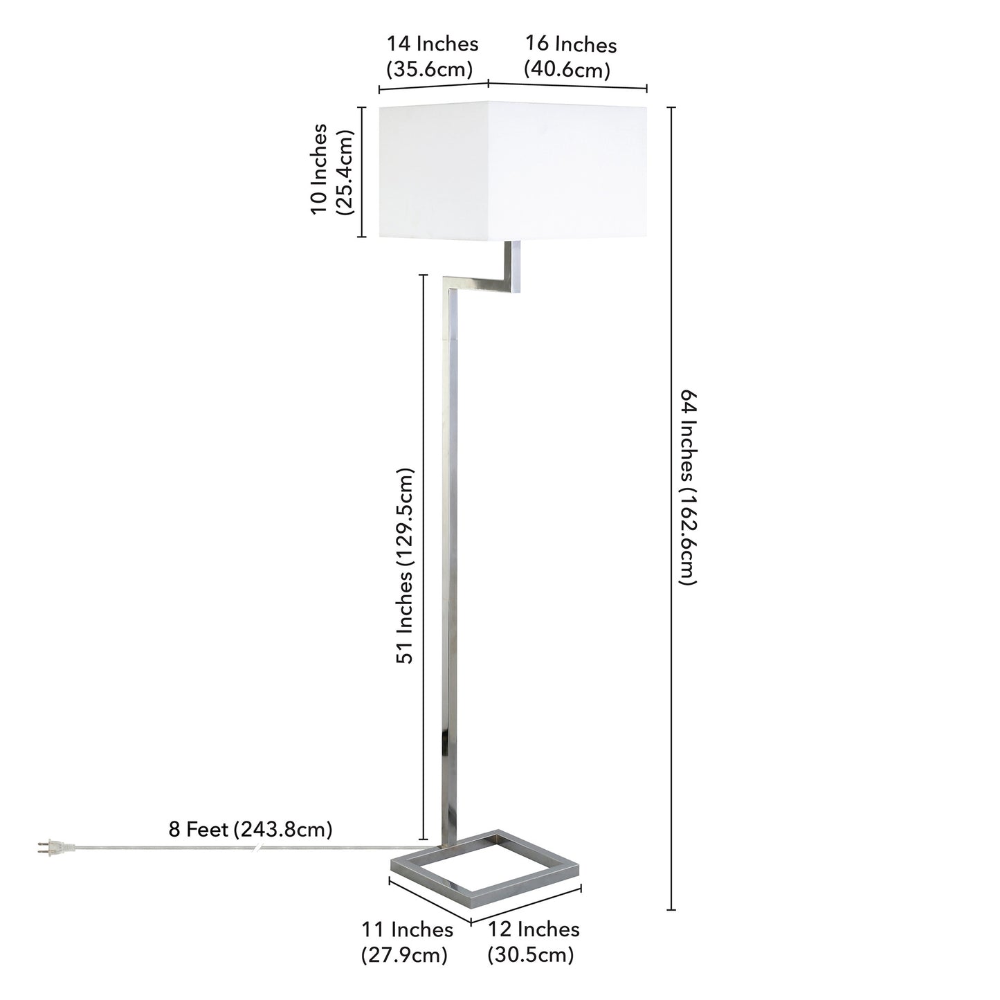 64" Nickel Floor Lamp With White Frosted Glass Rectangular Shade