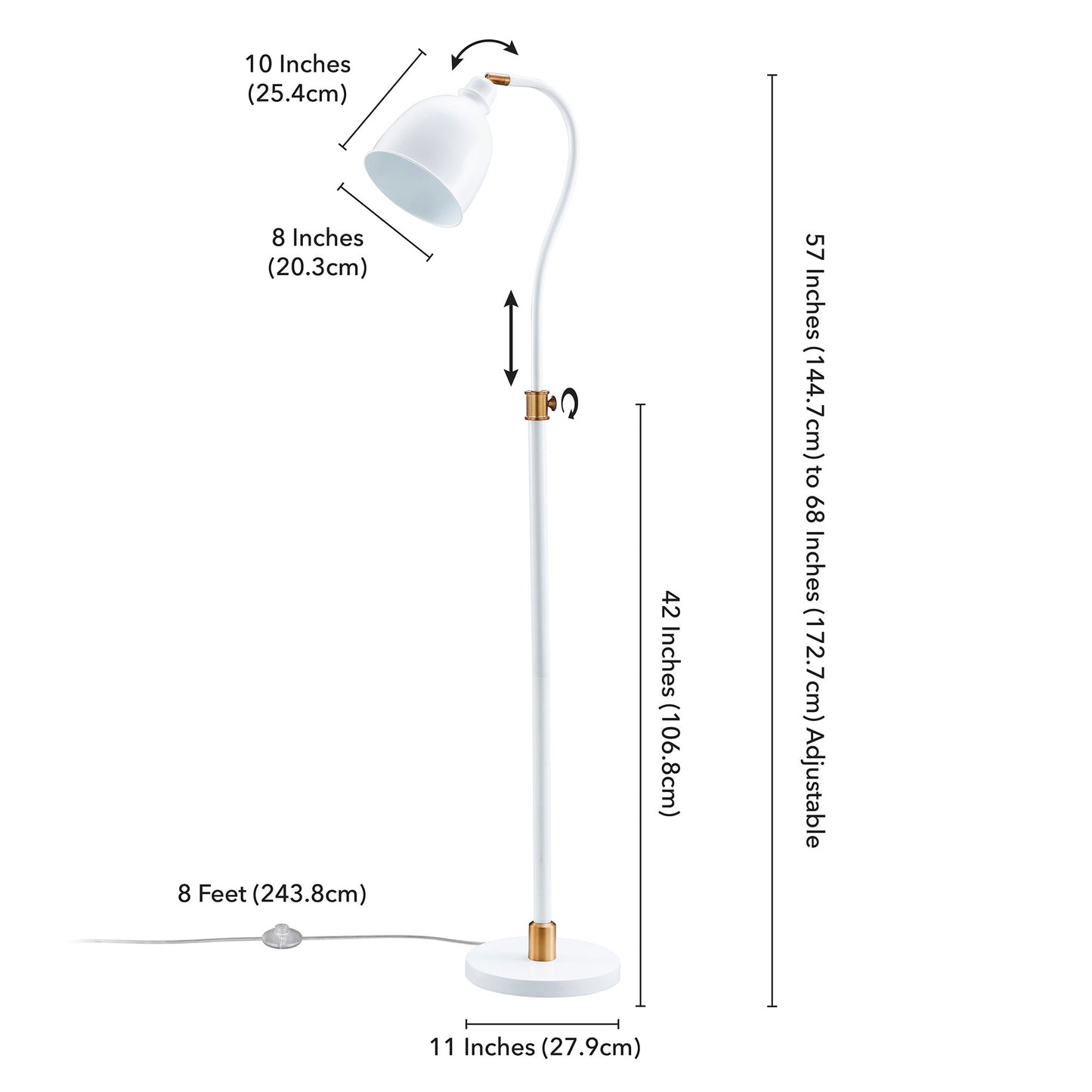 68" Brass Adjustable Reading Floor Lamp With White Frosted Glass Dome Shade