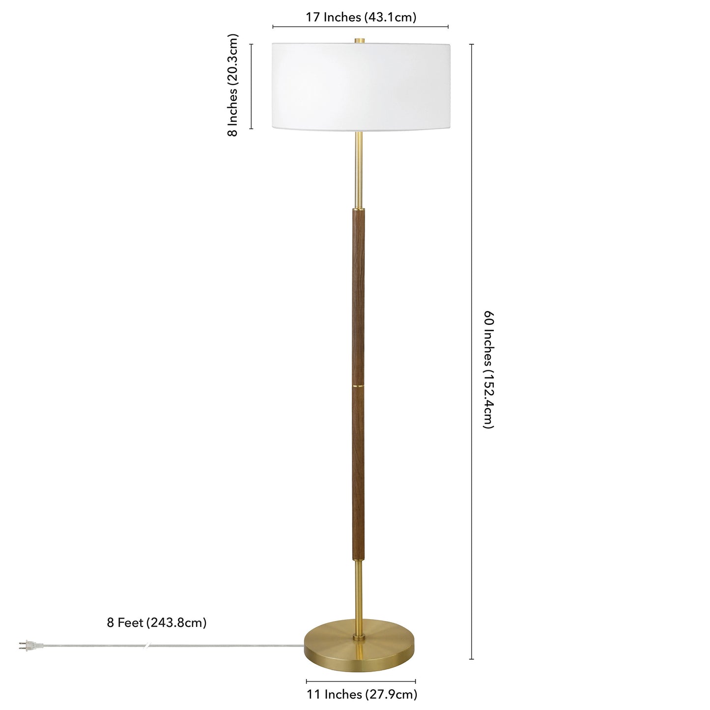 61" Brass Two Light Floor Lamp With White Frosted Glass Drum Shade