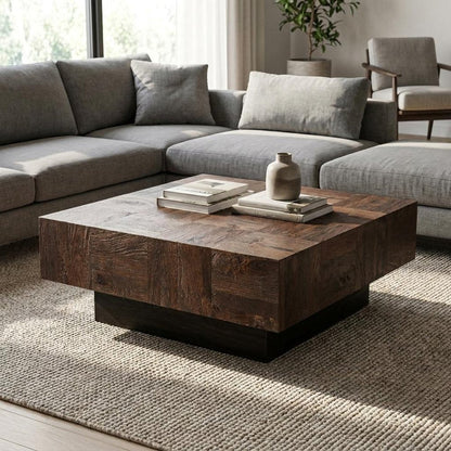 40" Dark Brown and Black Solid Wood Square Block Coffee Table HomeRoots