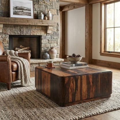 40" Dark Brown and Black Solid Wood Square Block Coffee Table HomeRoots