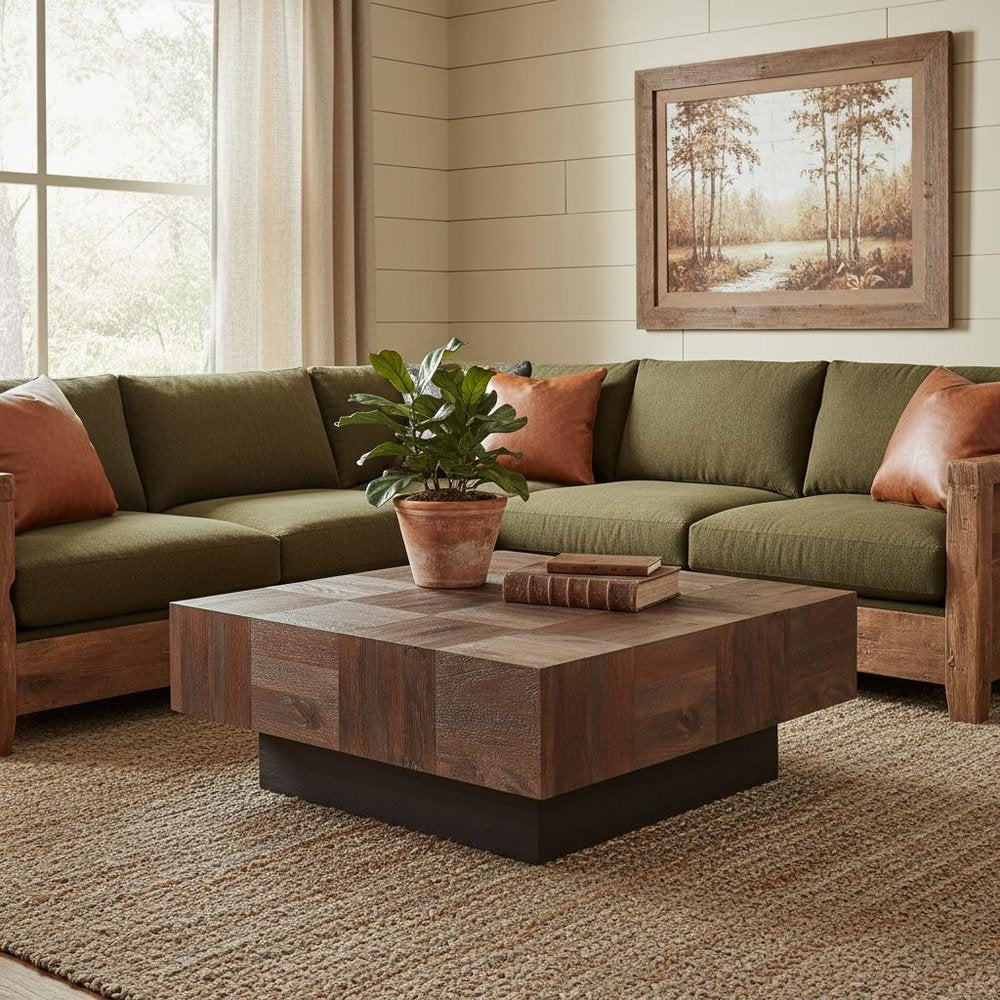 40" Dark Brown and Black Solid Wood Square Block Coffee Table — view 9