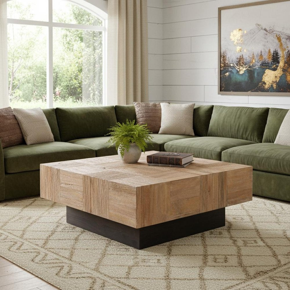 40" Brown and Black Solid Wood Square Block Coffee Table HomeRoots