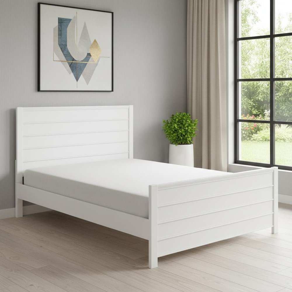 White Shiplap Texture Solid Wood Queen Bed Frame — view 1