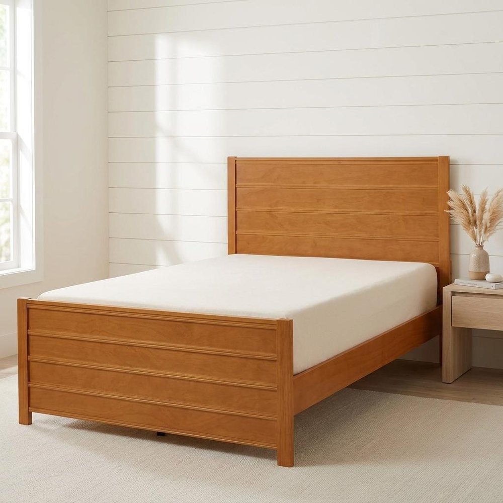 Brown Ribbed Texture Solid Wood Queen Bed Frame