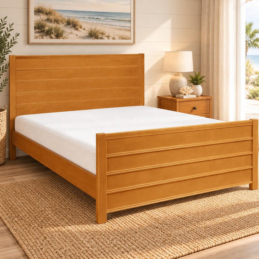 Brown Ribbed Texture Solid Wood Queen Bed Frame