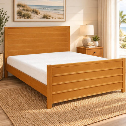 Brown Ribbed Texture Solid Wood Queen Bed Frame