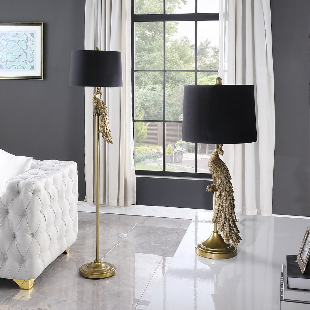 65" Gold And Black Floor Lamp With Black Fabric Drum Shade HomeRoots