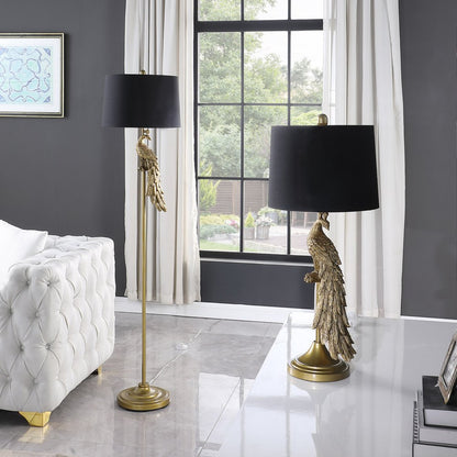65" Gold And Black Floor Lamp With Black Fabric Drum Shade HomeRoots