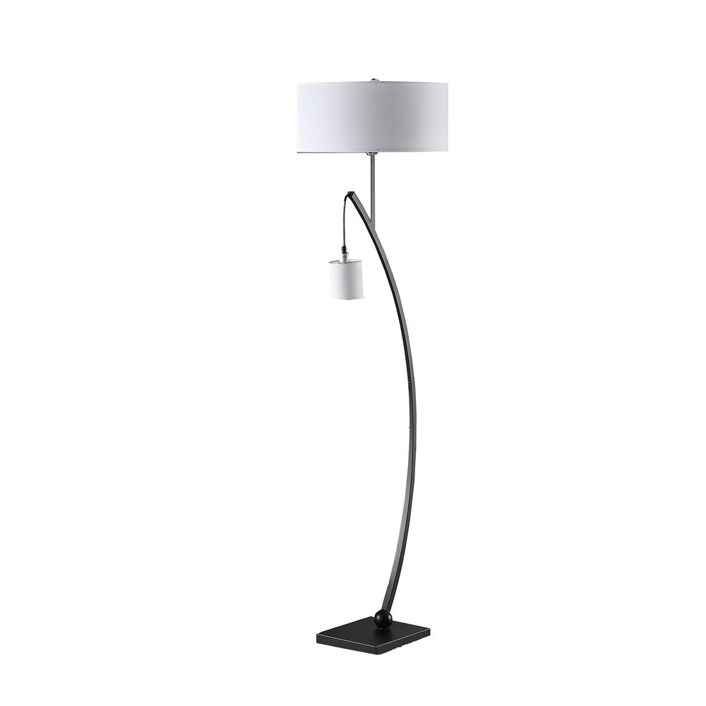 59" Matte Black Dual Arc Floor Lamp With White Drum Shade — view 1