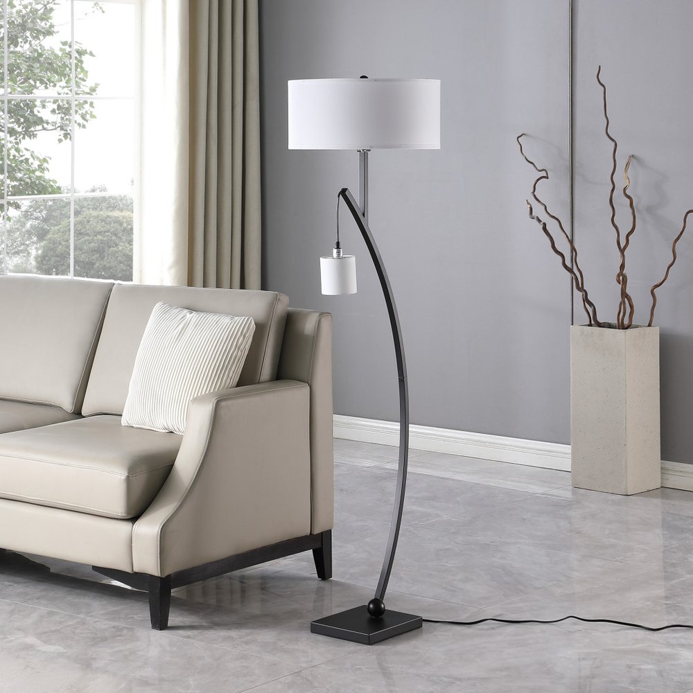 59" Matte Black Dual Arc Floor Lamp With White Drum Shade — view 2