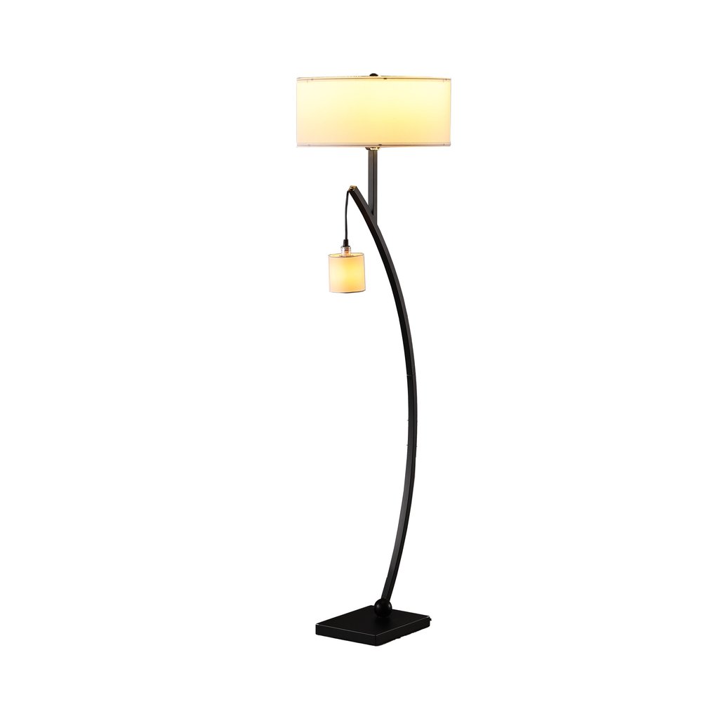 59" Matte Black Dual Arc Floor Lamp With White Drum Shade — view 3