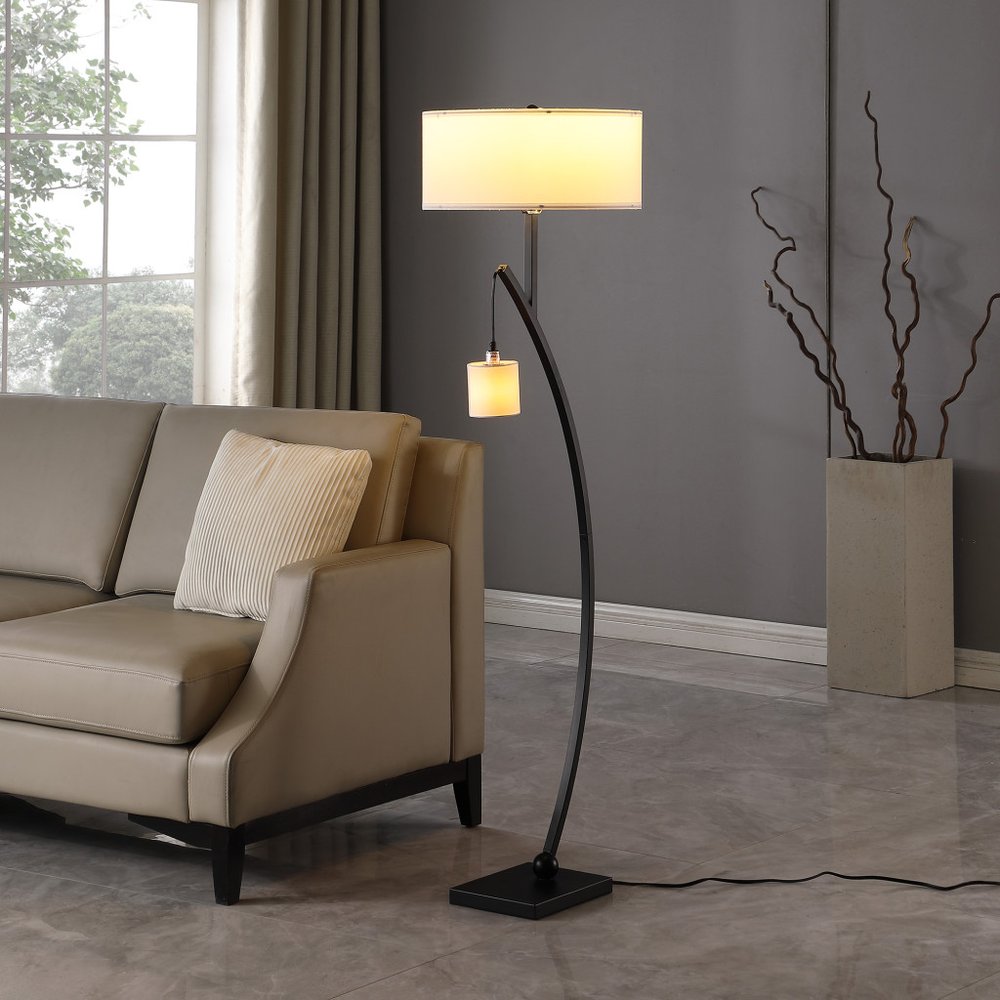 59" Matte Black Dual Arc Floor Lamp With White Drum Shade HomeRoots