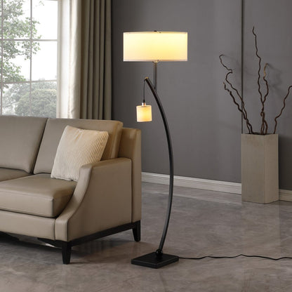 59" Matte Black Dual Arc Floor Lamp With White Drum Shade HomeRoots