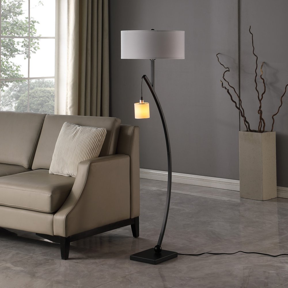 59" Matte Black Dual Arc Floor Lamp With White Drum Shade — view 4