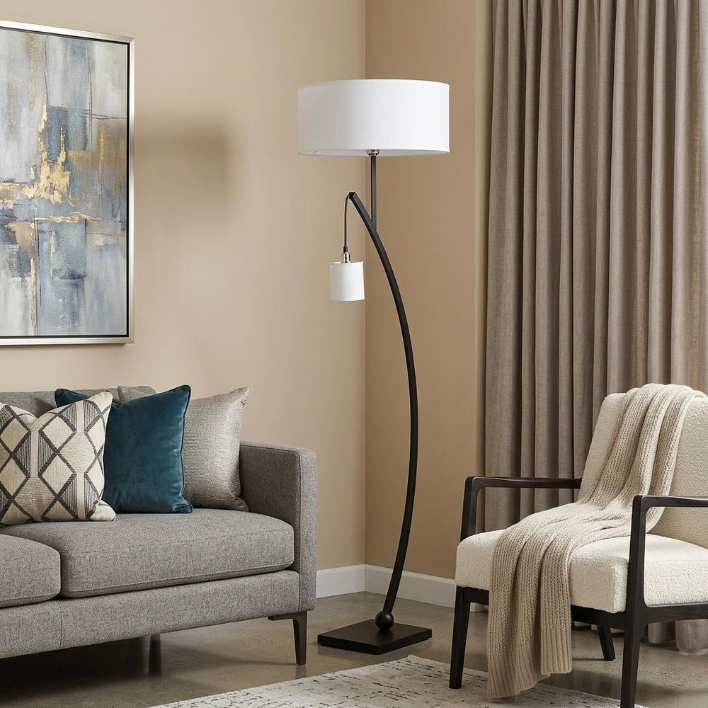 59" Matte Black Dual Arc Floor Lamp With White Drum Shade HomeRoots