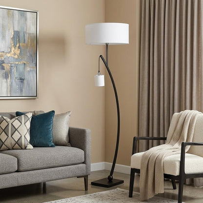 59" Matte Black Dual Arc Floor Lamp With White Drum Shade HomeRoots